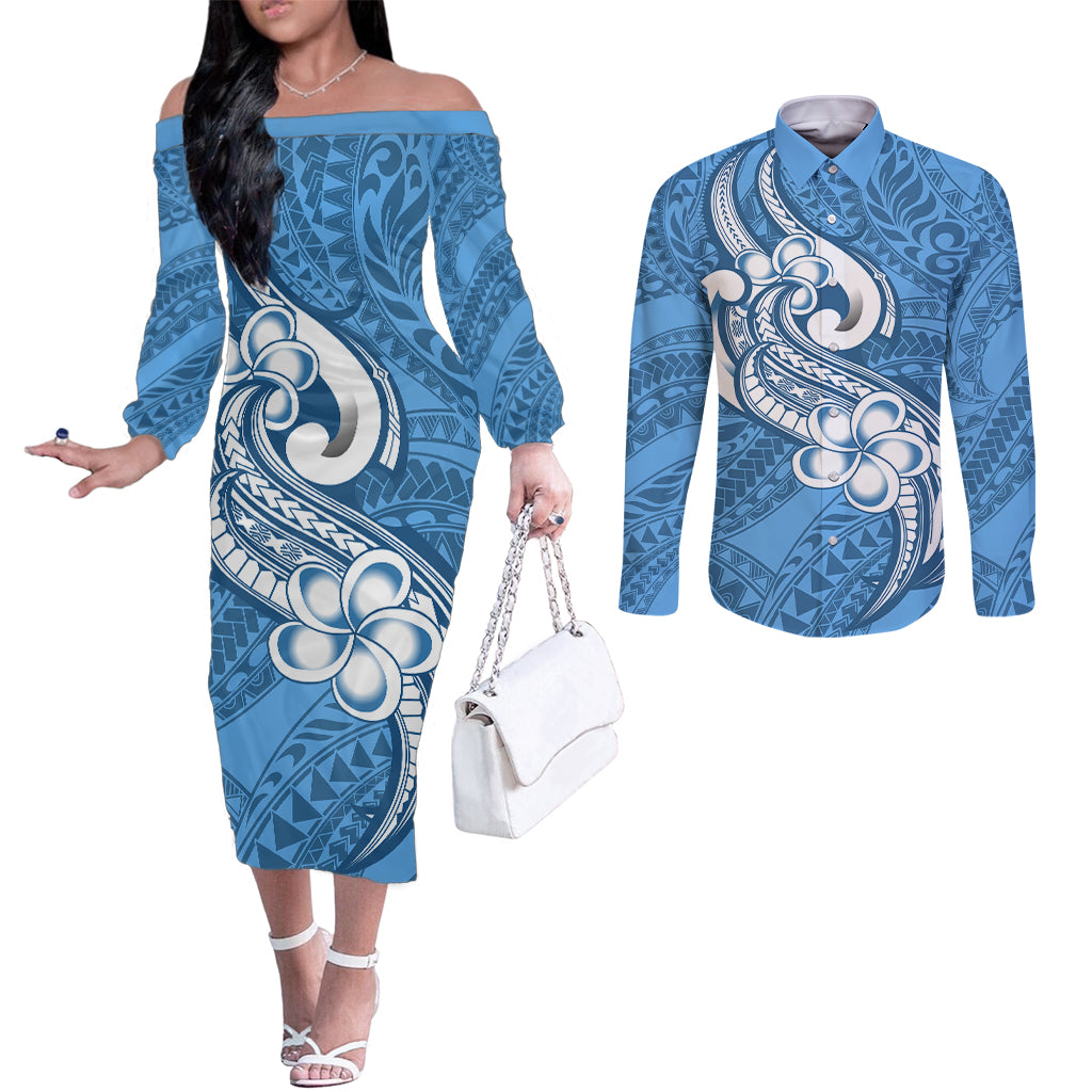 Polynesia Couples Matching Off The Shoulder Long Sleeve Dress and Long Sleeve Button Shirts Plumeria With Tribal Pattern Blue Pastel Vibes LT14 Blue - Polynesian Pride