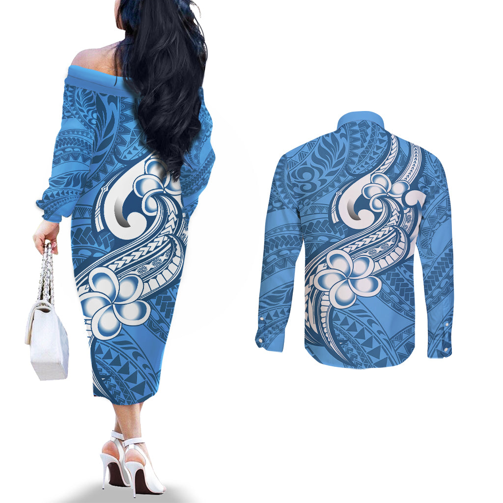 Polynesia Couples Matching Off The Shoulder Long Sleeve Dress and Long Sleeve Button Shirts Plumeria With Tribal Pattern Blue Pastel Vibes LT14 - Polynesian Pride