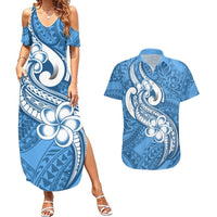 Polynesia Couples Matching Summer Maxi Dress and Hawaiian Shirt Plumeria With Tribal Pattern Blue Pastel Vibes LT14 Blue - Polynesian Pride