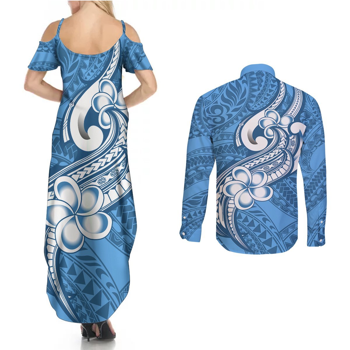 Polynesia Couples Matching Summer Maxi Dress and Long Sleeve Button Shirts Plumeria With Tribal Pattern Blue Pastel Vibes LT14 - Polynesian Pride