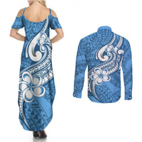 Polynesia Couples Matching Summer Maxi Dress and Long Sleeve Button Shirts Plumeria With Tribal Pattern Blue Pastel Vibes LT14 - Polynesian Pride