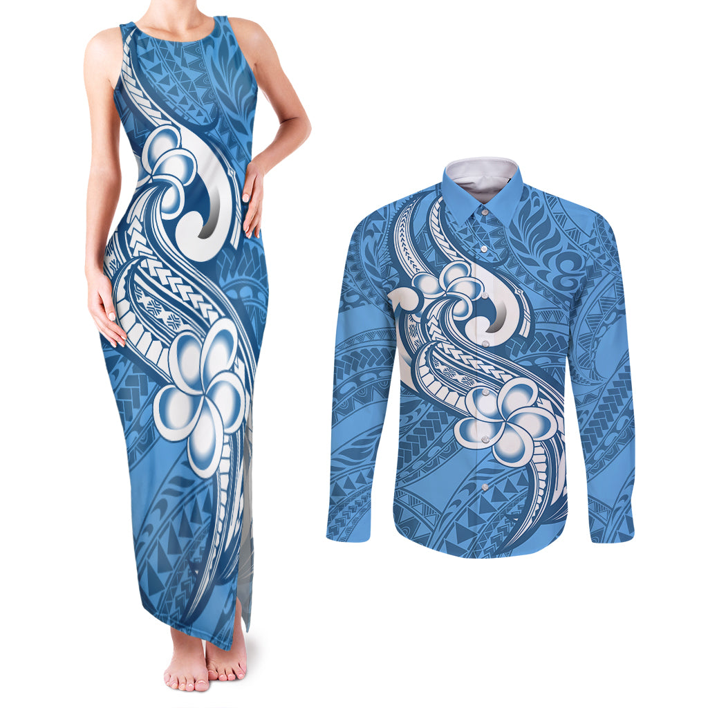 Polynesia Couples Matching Tank Maxi Dress and Long Sleeve Button Shirts Plumeria With Tribal Pattern Blue Pastel Vibes LT14 Blue - Polynesian Pride