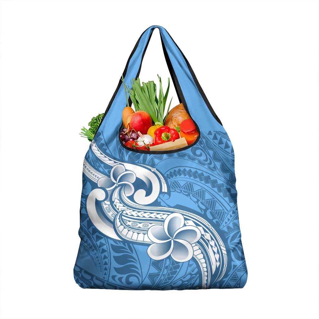Polynesia Grocery Bag Plumeria With Tribal Pattern Blue Pastel