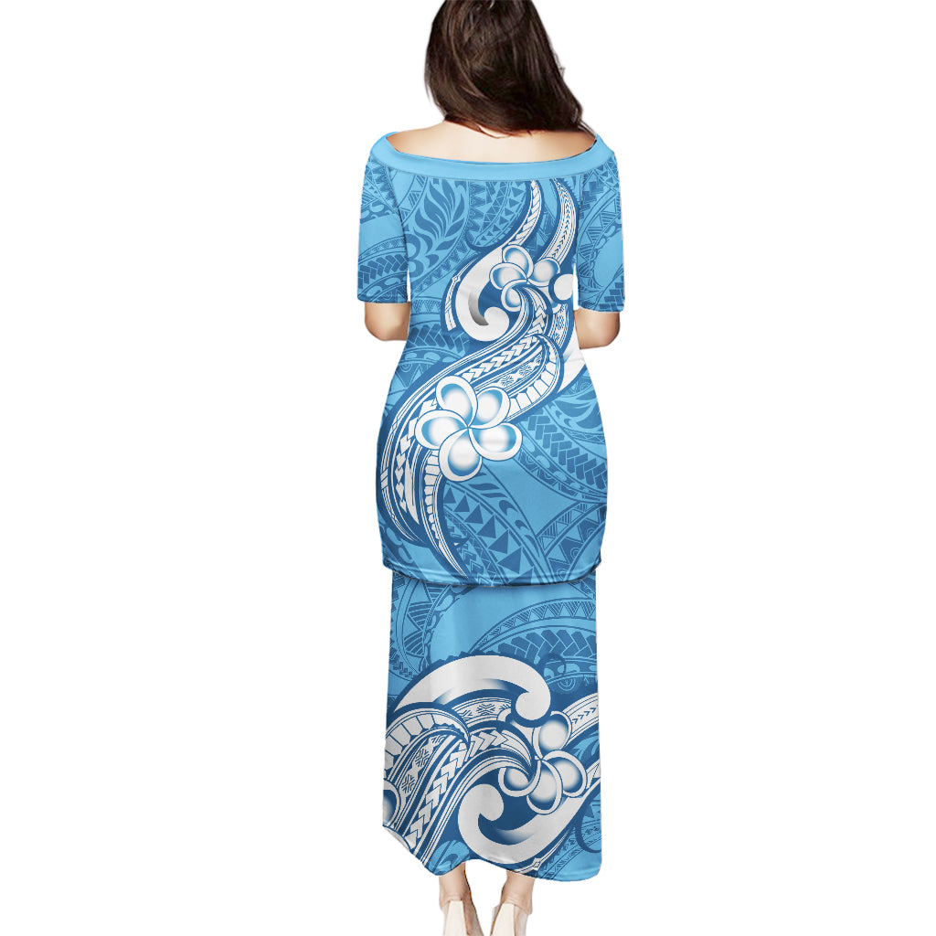 Polynesia Puletasi Plumeria With Tribal Pattern Blue Pastel Vibes LT14 - Polynesian Pride