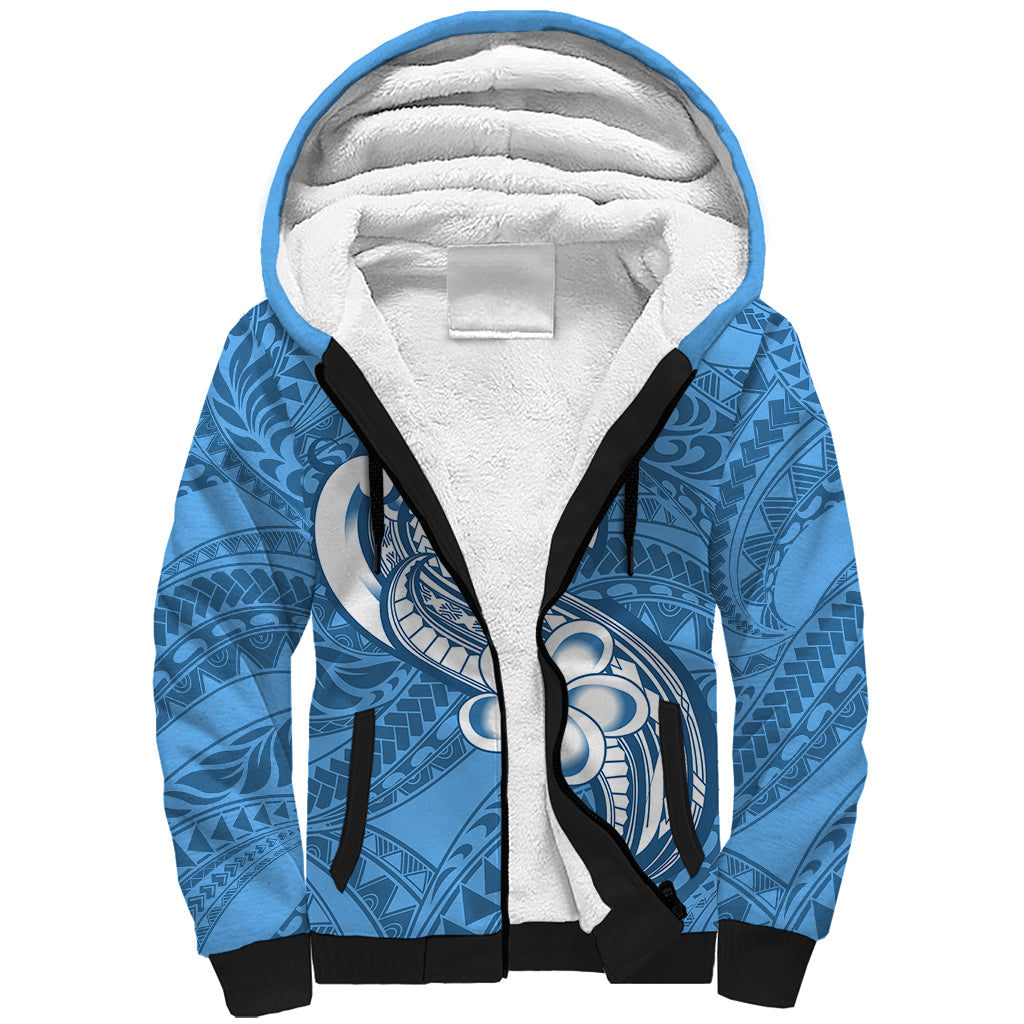 Polynesia Sherpa Hoodie Plumeria With Tribal Pattern Blue Pastel Vibes LT14 Unisex Blue - Polynesian Pride