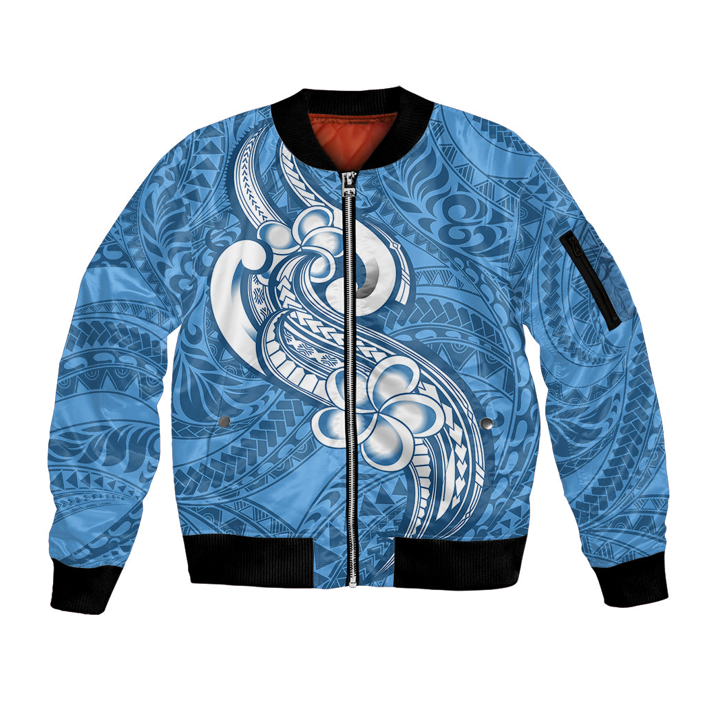 Polynesia Sleeve Zip Bomber Jacket Plumeria With Tribal Pattern Blue Pastel Vibes LT14 Unisex Blue - Polynesian Pride