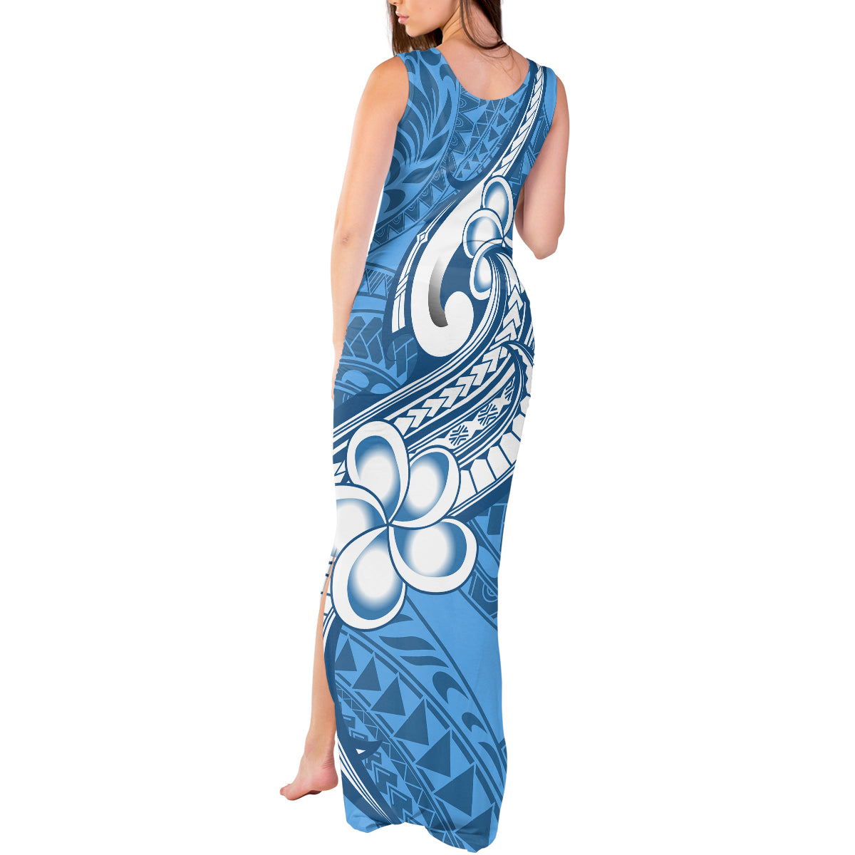 Polynesia Tank Maxi Dress Plumeria With Tribal Pattern Blue Pastel Vibes LT14 - Polynesian Pride