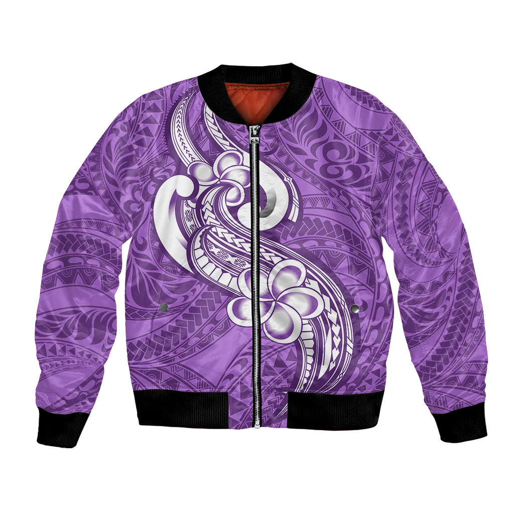Polynesia Bomber Jacket Plumeria With Tribal Pattern Purple Pastel Vibes LT14 Unisex Purple - Polynesian Pride