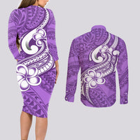 Polynesia Couples Matching Long Sleeve Bodycon Dress and Long Sleeve Button Shirts Plumeria With Tribal Pattern Purple Pastel Vibes LT14 - Polynesian Pride