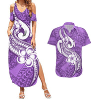Polynesia Couples Matching Summer Maxi Dress and Hawaiian Shirt Plumeria With Tribal Pattern Purple Pastel Vibes LT14 Purple - Polynesian Pride