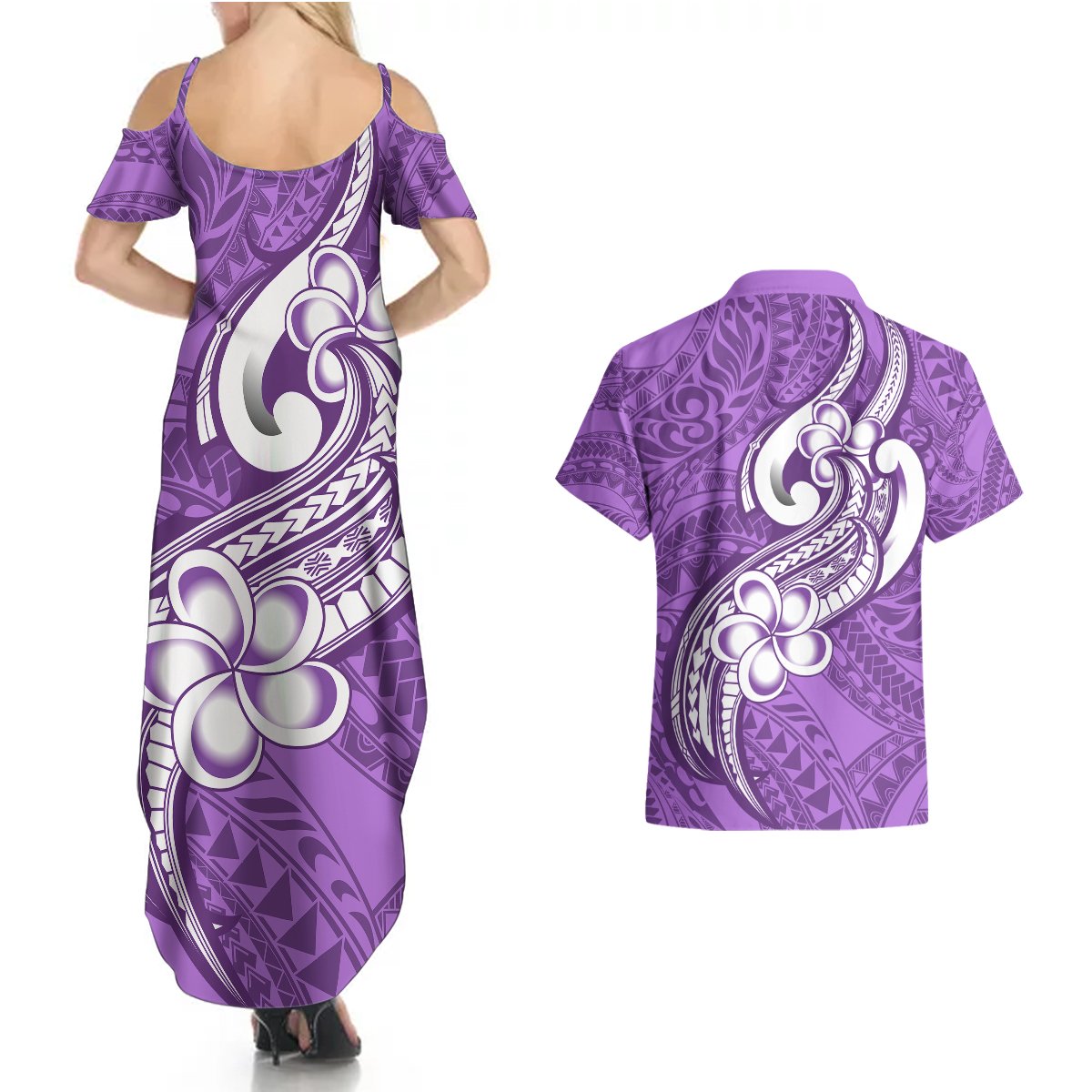 Polynesia Couples Matching Summer Maxi Dress and Hawaiian Shirt Plumeria With Tribal Pattern Purple Pastel Vibes LT14 - Polynesian Pride