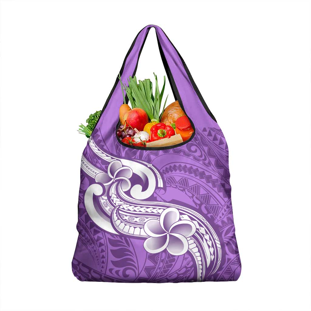 Polynesia Grocery Bag Plumeria With Tribal Pattern Purple Pastel