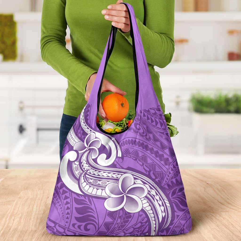 Polynesia Grocery Bag Plumeria With Tribal Pattern Purple Pastel