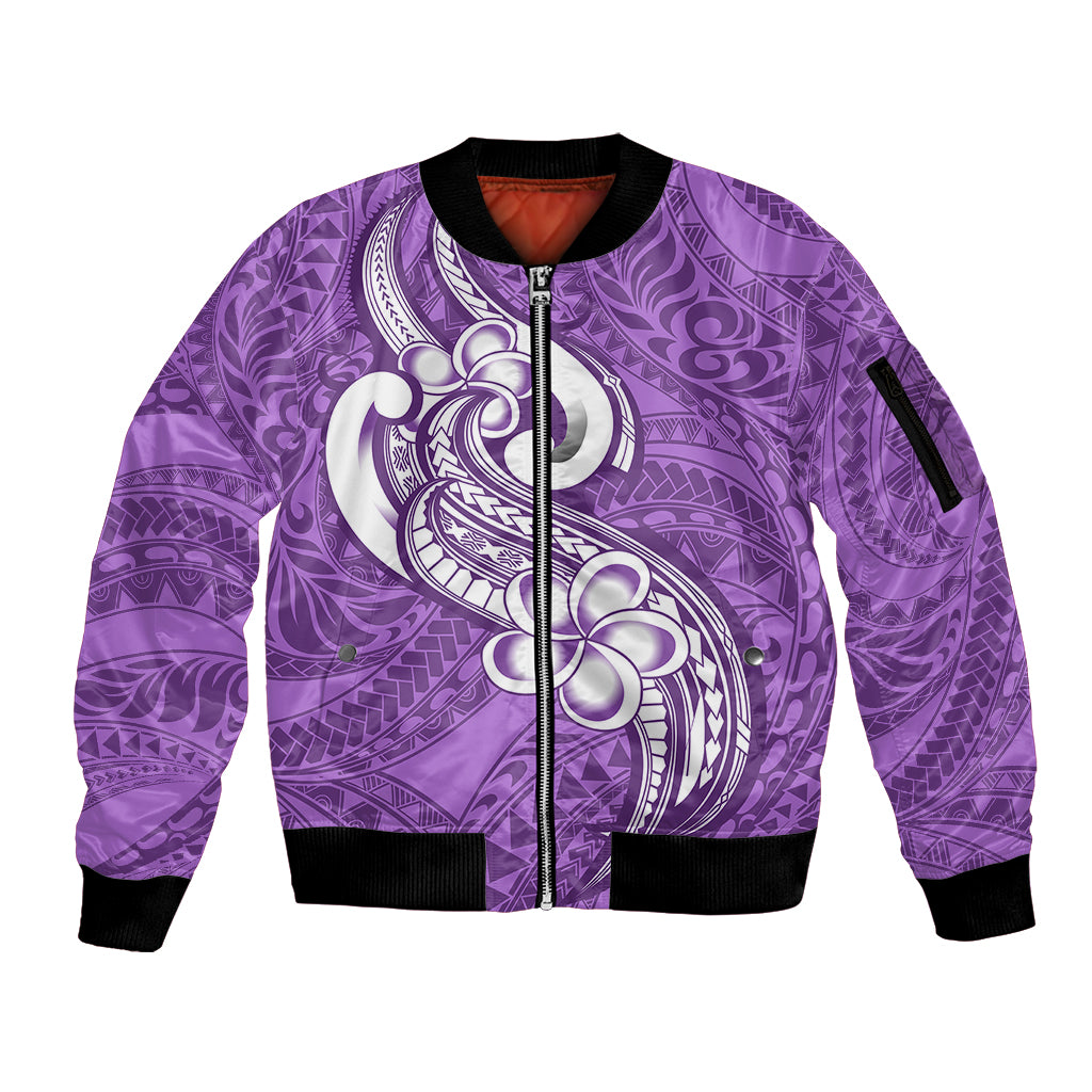 Polynesia Sleeve Zip Bomber Jacket Plumeria With Tribal Pattern Purple Pastel Vibes LT14 Unisex Purple - Polynesian Pride