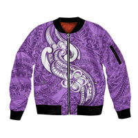 Polynesia Sleeve Zip Bomber Jacket Plumeria With Tribal Pattern Purple Pastel Vibes LT14 Unisex Purple - Polynesian Pride