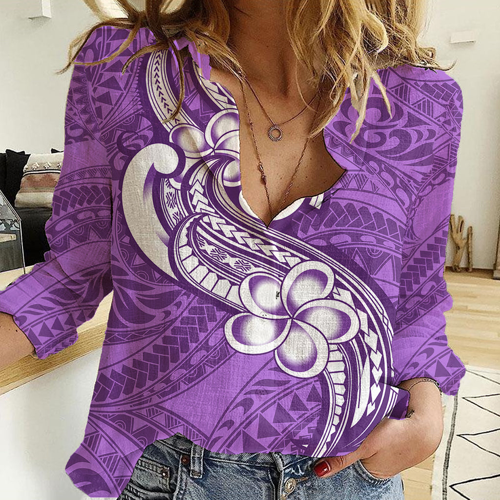 Polynesia Women Casual Shirt Plumeria With Tribal Pattern Purple Pastel Vibes LT14 Female Purple - Polynesian Pride