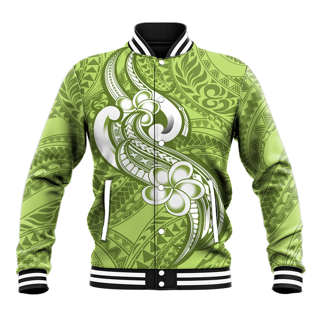 Polynesia Baseball Jacket Plumeria With Tribal Pattern Green Pastel Vibes LT14 Unisex Green - Polynesian Pride