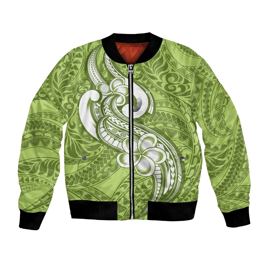 Polynesia Bomber Jacket Plumeria With Tribal Pattern Green Pastel Vibes LT14 Unisex Green - Polynesian Pride