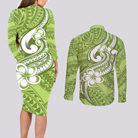 Polynesia Couples Matching Long Sleeve Bodycon Dress and Long Sleeve Button Shirts Plumeria With Tribal Pattern Green Pastel Vibes LT14 - Polynesian Pride