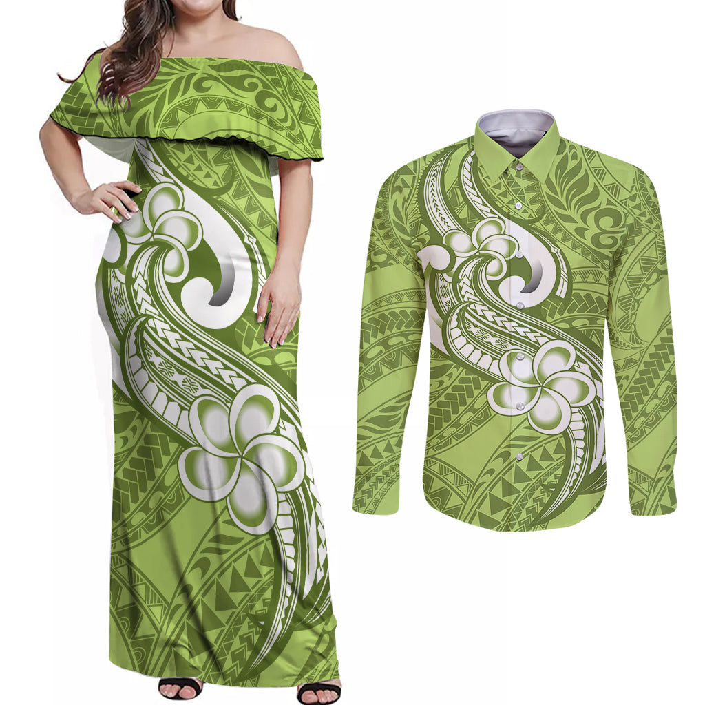 Polynesia Couples Matching Off Shoulder Maxi Dress and Long Sleeve Button Shirts Plumeria With Tribal Pattern Green Pastel Vibes LT14 Green - Polynesian Pride