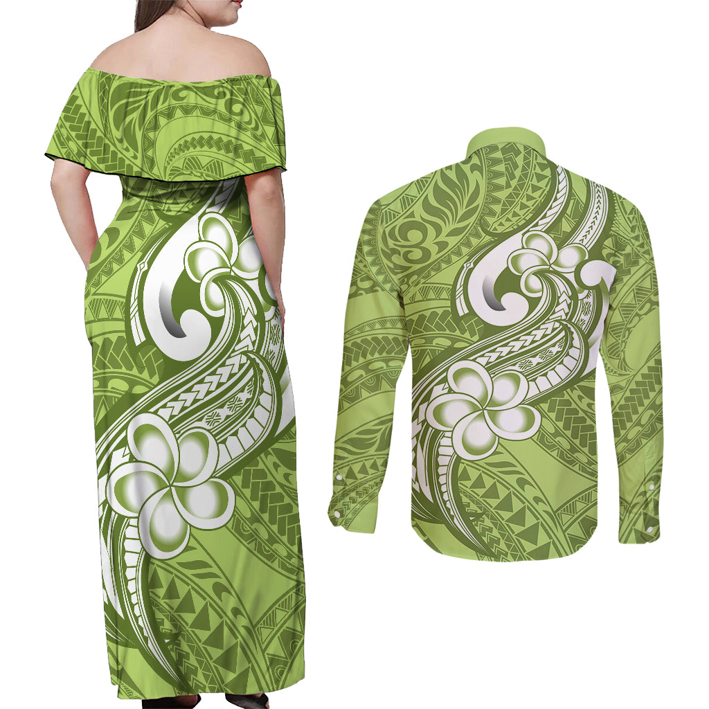 Polynesia Couples Matching Off Shoulder Maxi Dress and Long Sleeve Button Shirts Plumeria With Tribal Pattern Green Pastel Vibes LT14 - Polynesian Pride