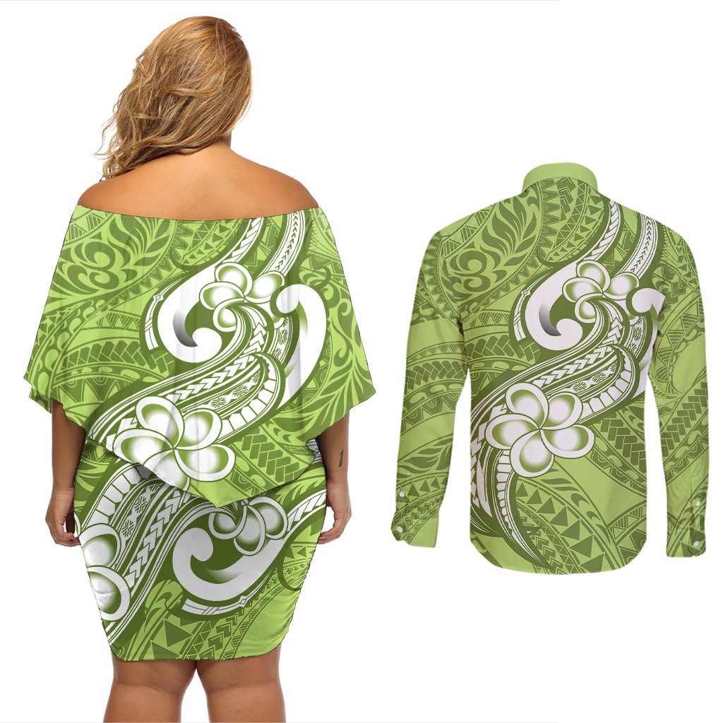 Polynesia Couples Matching Off Shoulder Short Dress and Long Sleeve Button Shirts Plumeria With Tribal Pattern Green Pastel Vibes LT14 - Polynesian Pride