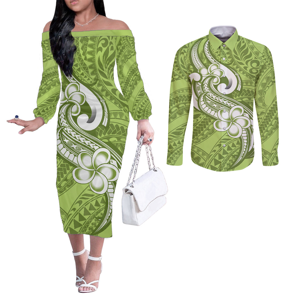Polynesia Couples Matching Off The Shoulder Long Sleeve Dress and Long Sleeve Button Shirts Plumeria With Tribal Pattern Green Pastel Vibes LT14 Green - Polynesian Pride