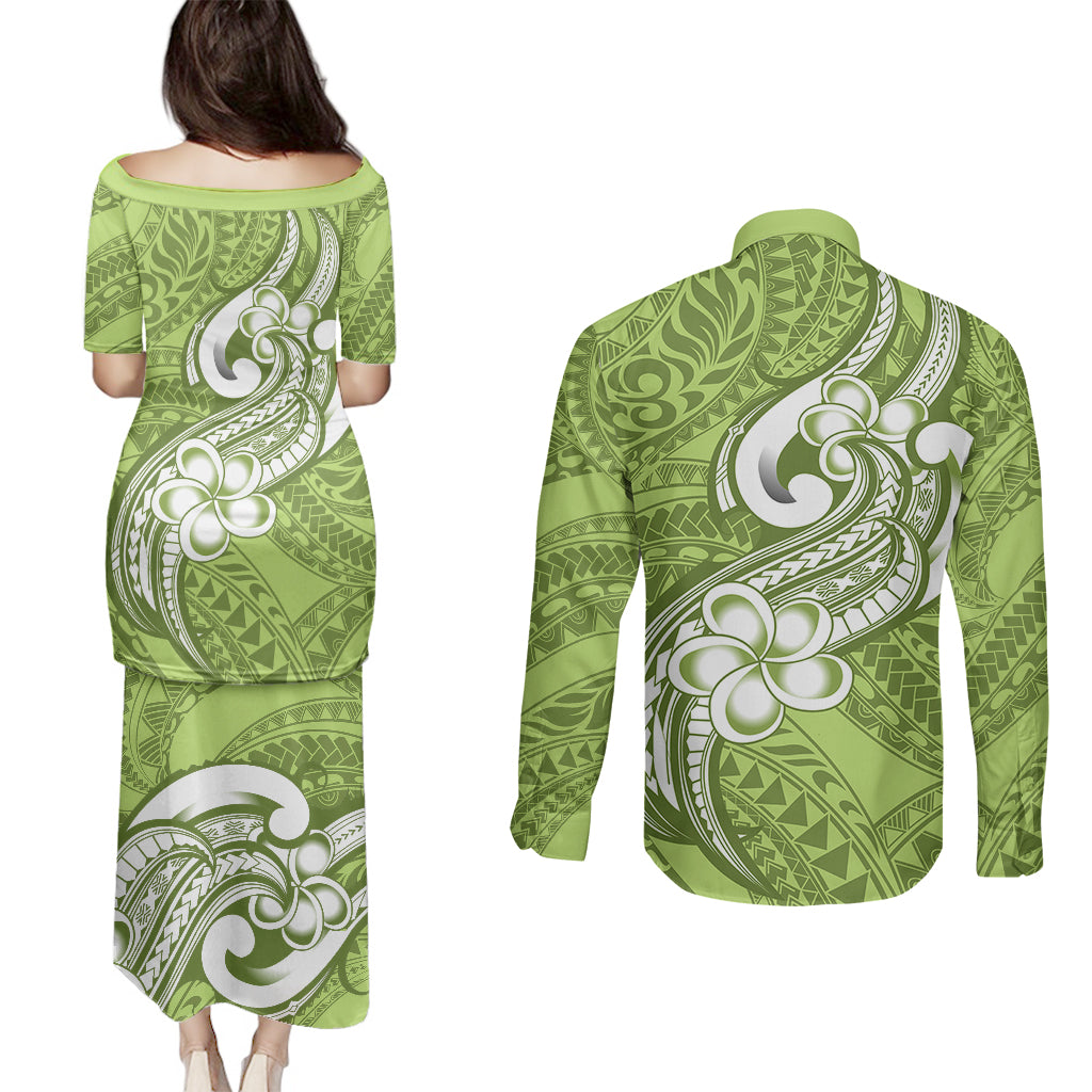 Polynesia Couples Matching Puletasi Dress and Long Sleeve Button Shirts Plumeria With Tribal Pattern Green Pastel Vibes LT14 - Polynesian Pride