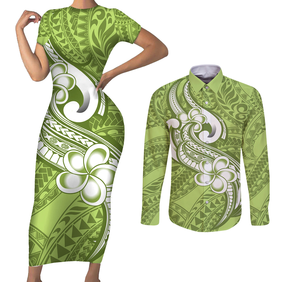Polynesia Couples Matching Short Sleeve Bodycon Dress and Long Sleeve Button Shirts Plumeria With Tribal Pattern Green Pastel Vibes LT14 Green - Polynesian Pride