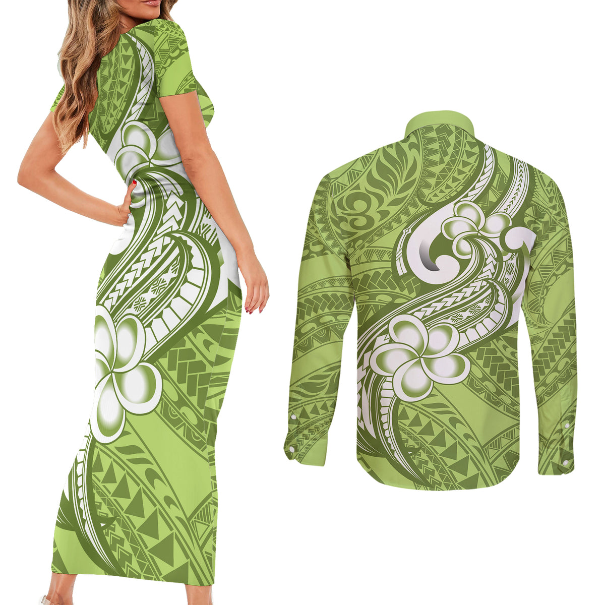 Polynesia Couples Matching Short Sleeve Bodycon Dress and Long Sleeve Button Shirts Plumeria With Tribal Pattern Green Pastel Vibes LT14 - Polynesian Pride