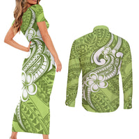 Polynesia Couples Matching Short Sleeve Bodycon Dress and Long Sleeve Button Shirts Plumeria With Tribal Pattern Green Pastel Vibes LT14 - Polynesian Pride