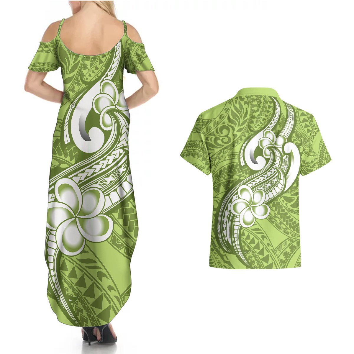 Polynesia Couples Matching Summer Maxi Dress and Hawaiian Shirt Plumeria With Tribal Pattern Green Pastel Vibes LT14 - Polynesian Pride