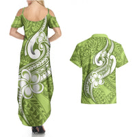 Polynesia Couples Matching Summer Maxi Dress and Hawaiian Shirt Plumeria With Tribal Pattern Green Pastel Vibes LT14 - Polynesian Pride