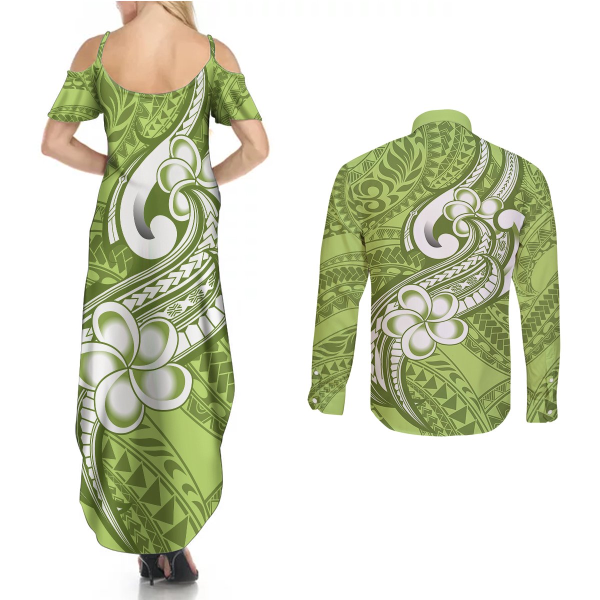 Polynesia Couples Matching Summer Maxi Dress and Long Sleeve Button Shirts Plumeria With Tribal Pattern Green Pastel Vibes LT14 - Polynesian Pride