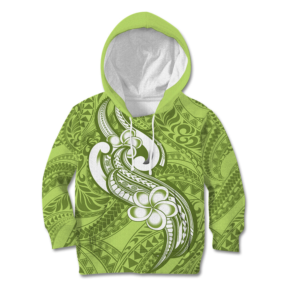 Polynesia Kid Hoodie Plumeria With Tribal Pattern Green Pastel Vibes LT14 Hoodie Green - Polynesian Pride
