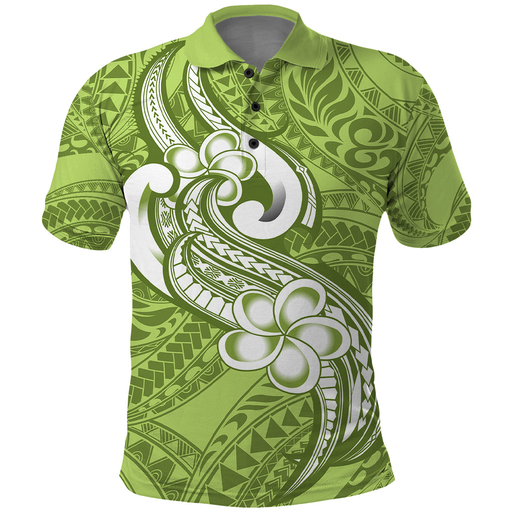 Polynesia Polo Shirt Plumeria With Tribal Pattern Green Pastel Vibes LT14 Green - Polynesian Pride