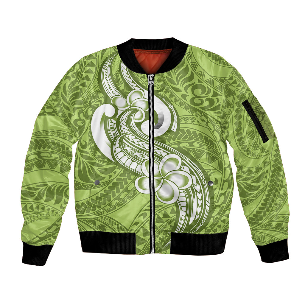 Polynesia Sleeve Zip Bomber Jacket Plumeria With Tribal Pattern Green Pastel Vibes LT14 Unisex Green - Polynesian Pride