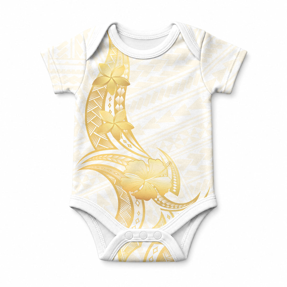 Polynesia White Sunday Baby Onesie Polynesian Tattoo Plumeria Hibiscus Gold