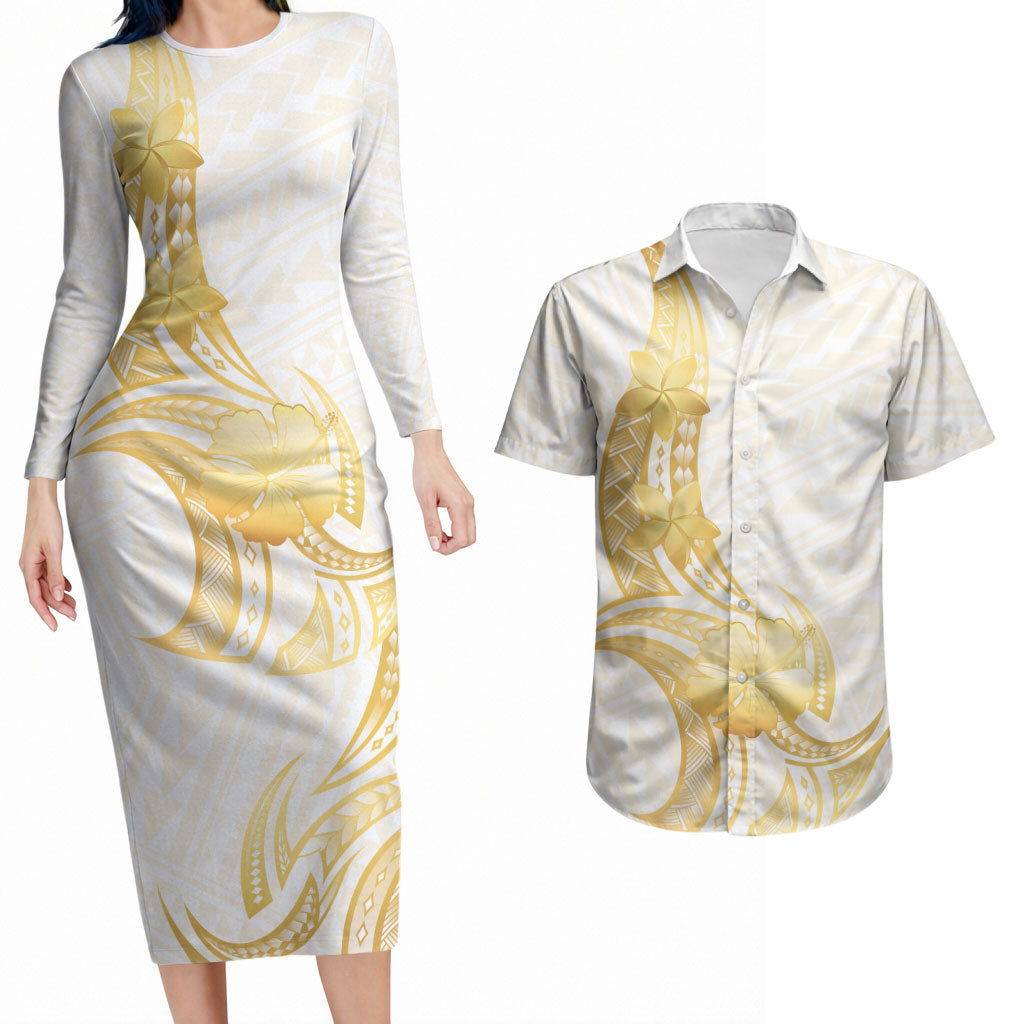Polynesia White Sunday Couples Matching Long Sleeve Bodycon Dress and Hawaiian Shirt Polynesian Tattoo Plumeria Hibiscus Gold