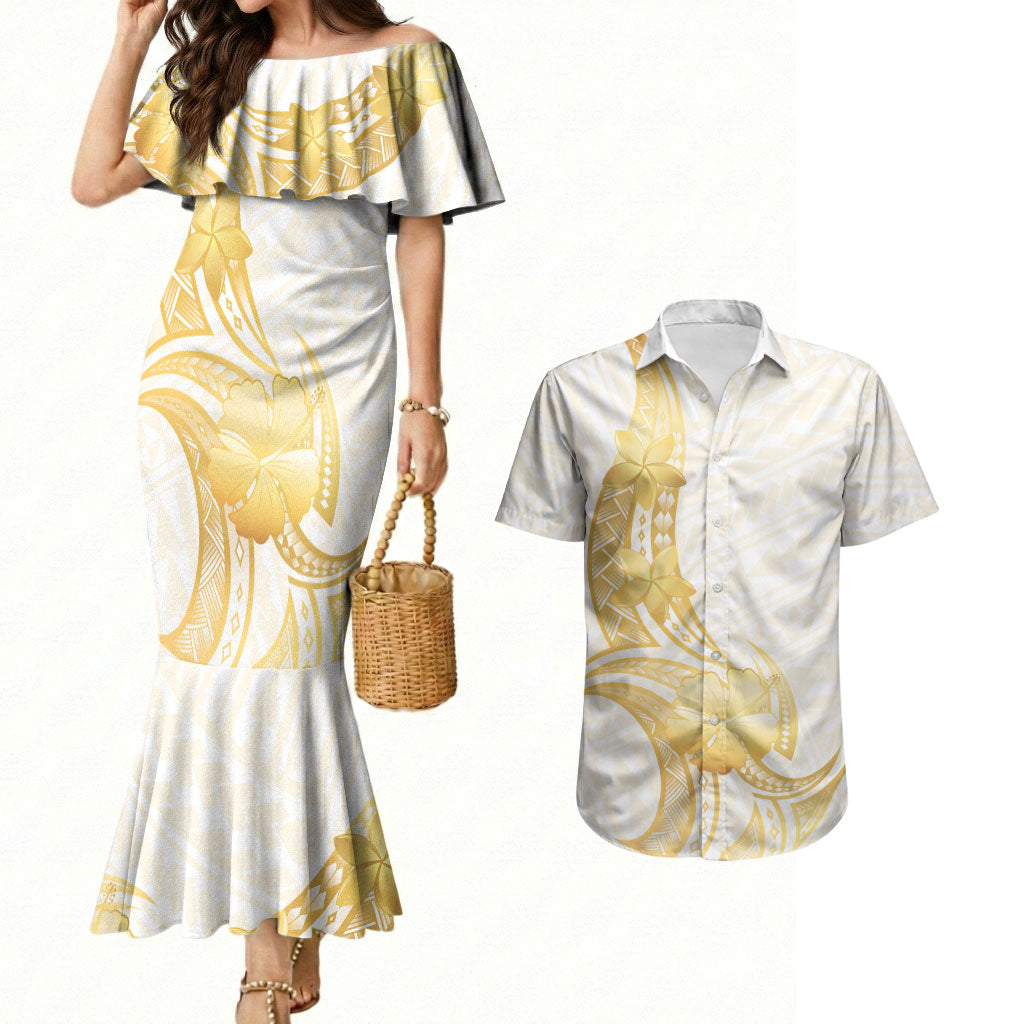 Polynesia White Sunday Couples Matching Mermaid Dress and Hawaiian Shirt Polynesian Tattoo Plumeria Hibiscus Gold LT14 White - Polynesian Pride