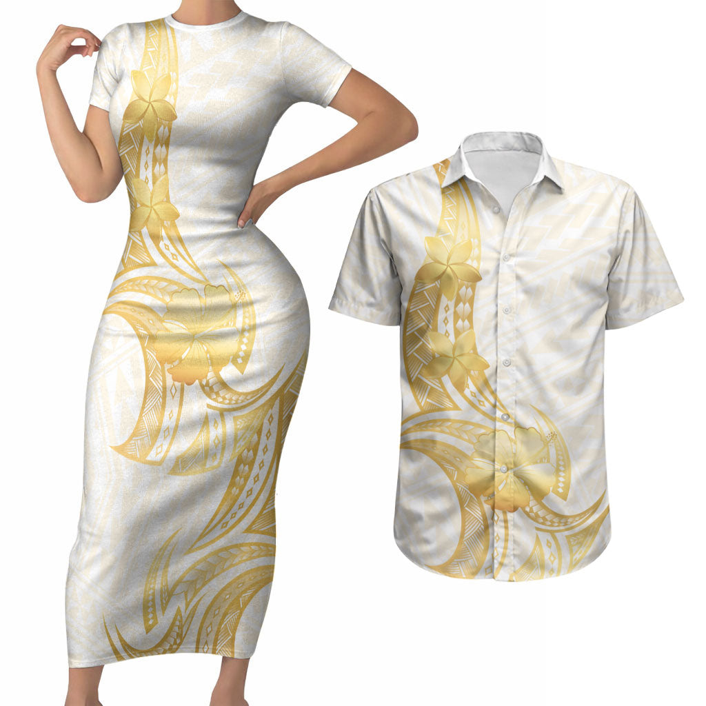 Polynesia White Sunday Couples Matching Short Sleeve Bodycon Dress and Hawaiian Shirt Polynesian Tattoo Plumeria Hibiscus Gold LT14 White - Polynesian Pride