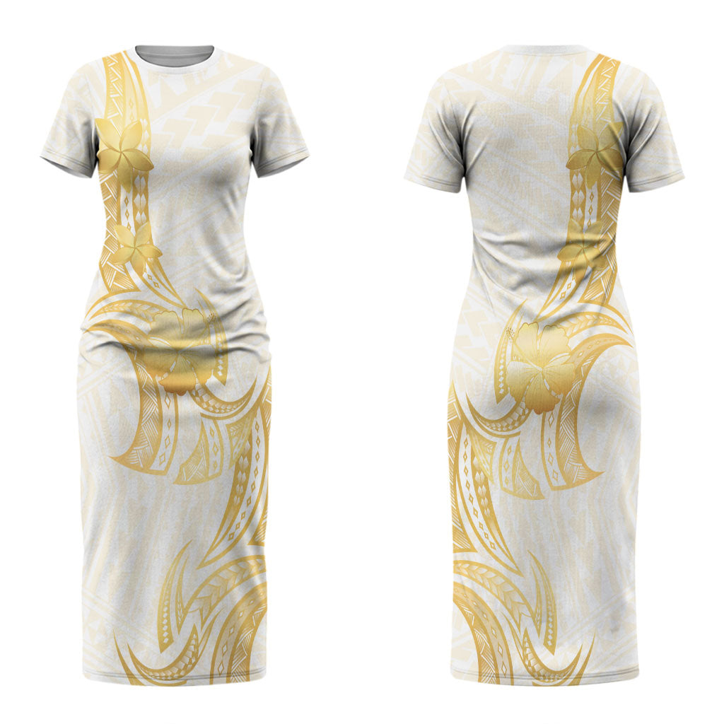 Polynesia White Sunday Couples Matching Short Sleeve Bodycon Dress and Hawaiian Shirt Polynesian Tattoo Plumeria Hibiscus Gold