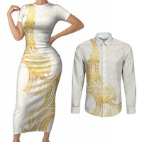 Polynesia White Sunday Couples Matching Short Sleeve Bodycon Dress and Long Sleeve Button Shirt Polynesian Tattoo Plumeria Hibiscus Gold