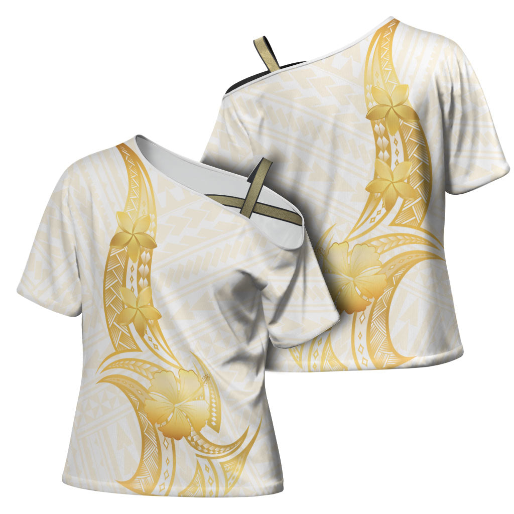 Polynesia White Sunday Cross Shoulder Shirt Polynesian Tattoo Plumeria Hibiscus Gold