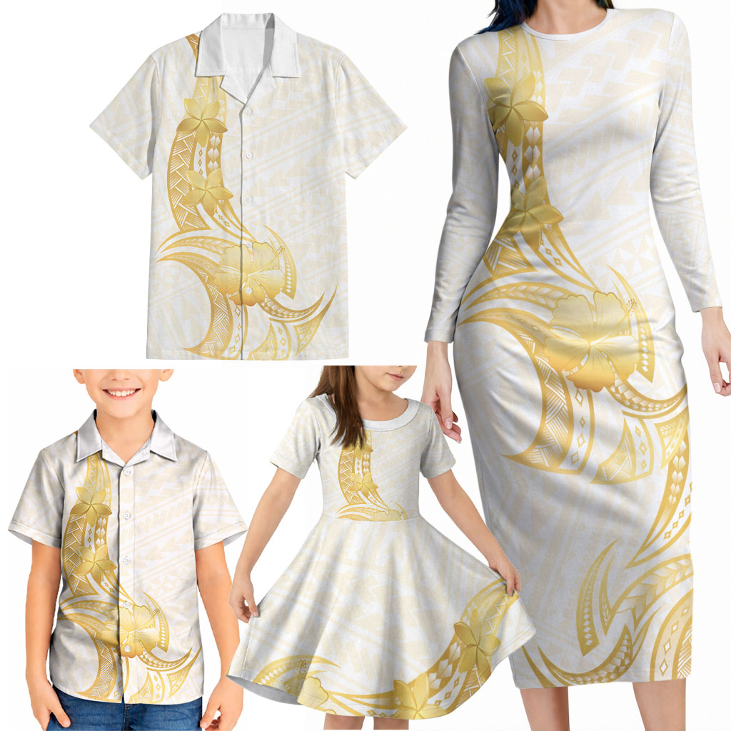 Polynesia White Sunday Family Matching Long Sleeve Bodycon Dress and Hawaiian Shirt Polynesian Tattoo Plumeria Hibiscus Gold LT14 - Polynesian Pride