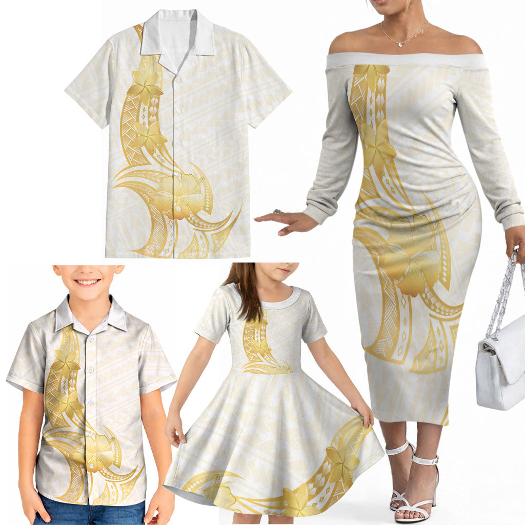 Polynesia White Sunday Family Matching Off The Shoulder Long Sleeve Dress and Hawaiian Shirt Polynesian Tattoo Plumeria Hibiscus Gold