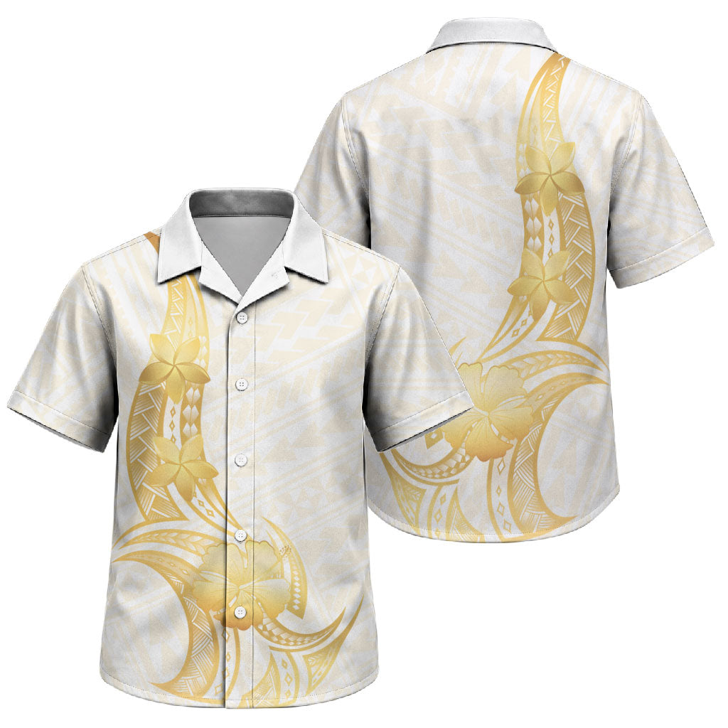 Polynesia White Sunday Family Matching Puletasi and Hawaiian Shirt Polynesian Tattoo Plumeria Hibiscus Gold