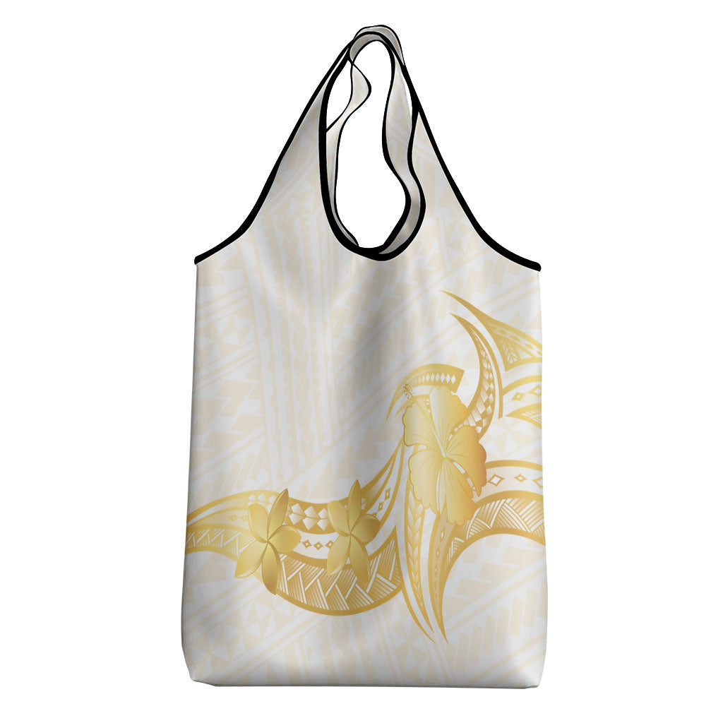 Polynesia White Sunday Grocery Bag Polynesian Tattoo Plumeria Hibiscus Gold