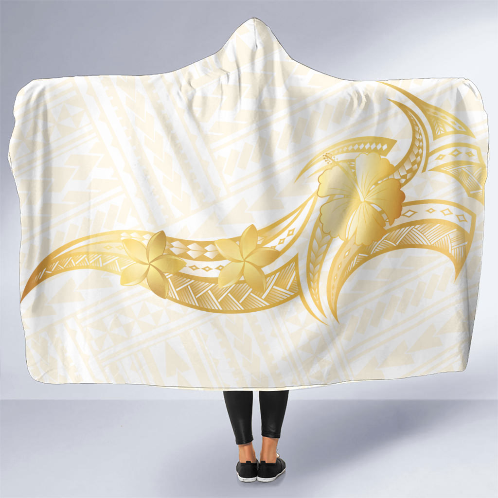 Polynesia White Sunday Hooded Blanket Polynesian Tattoo Plumeria Hibiscus Gold
