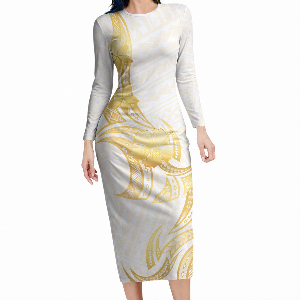 Polynesia White Sunday Long Sleeve Bodycon Dress Polynesian Tattoo Plumeria Hibiscus Gold